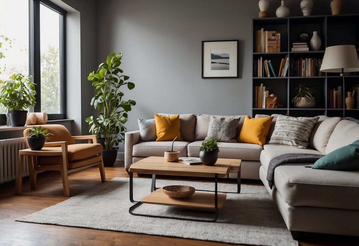 A living room with a sofa, coffee table, and armchair, with a bookshelf and a floor lamp in the background