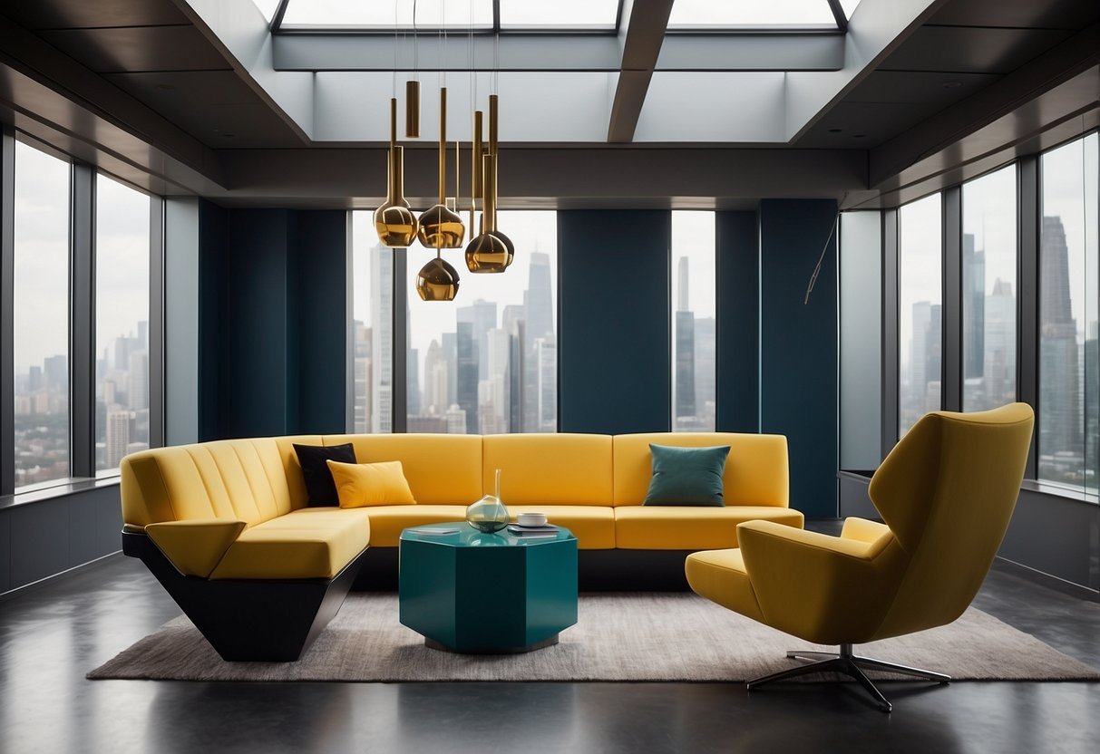 A room with abstract, angular furniture pieces arranged in a unique, non-traditional manner. The furniture features sharp edges and geometric shapes, creating a visually dynamic and unconventional space