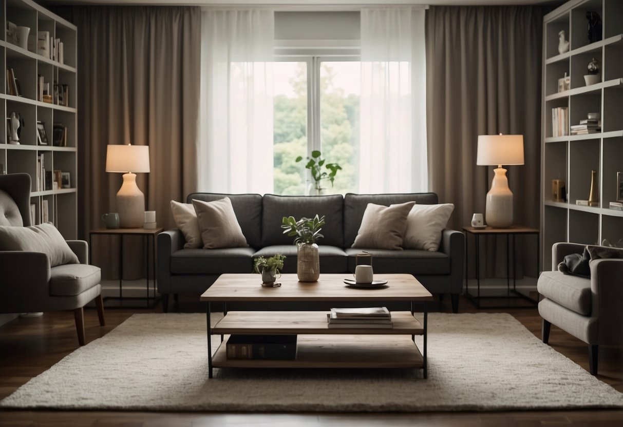 A living room with a sofa, coffee table, and bookshelf. A dining area with a table and chairs. A bedroom with a bed, nightstand, and dresser