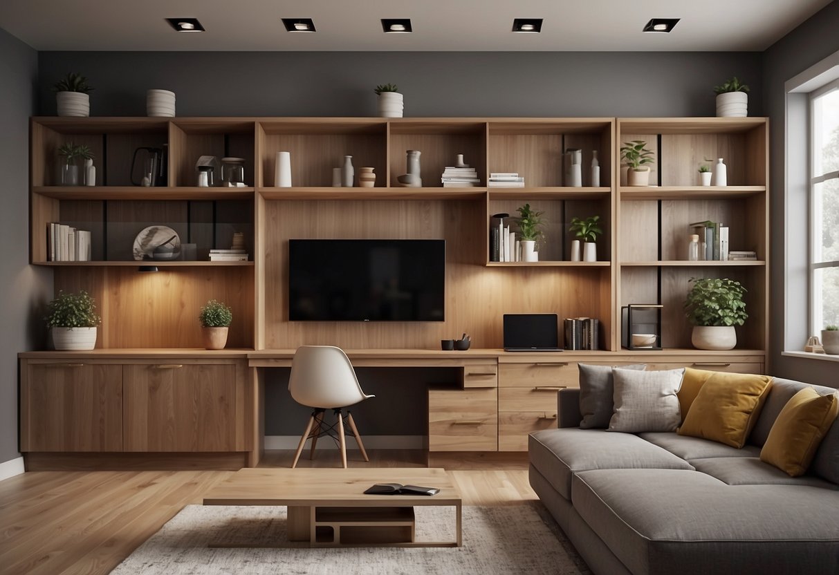 A room with organized shelves, cabinets, and multi-functional furniture. A sofa with hidden storage, a foldable dining table, and a wall-mounted desk