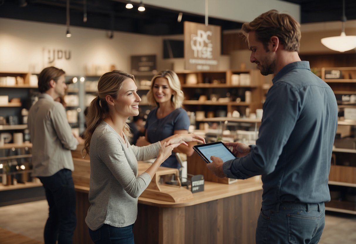 Customers browsing through furniture displays, staff assisting, and signs indicating "Frequently Asked Questions" at a spacious and well-lit store