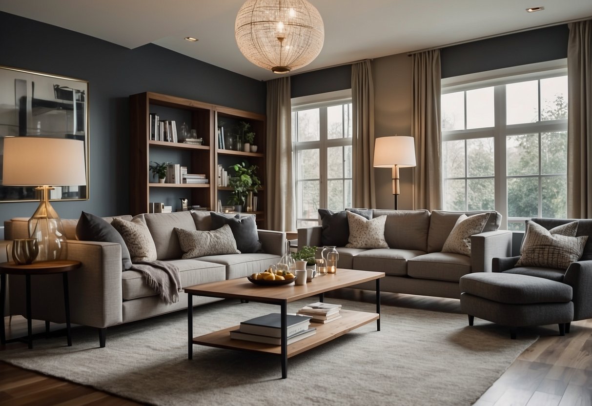 A living room with a sofa, coffee table, and bookshelf. A dining area with a table and chairs. A bedroom with a bed, nightstand, and dresser
