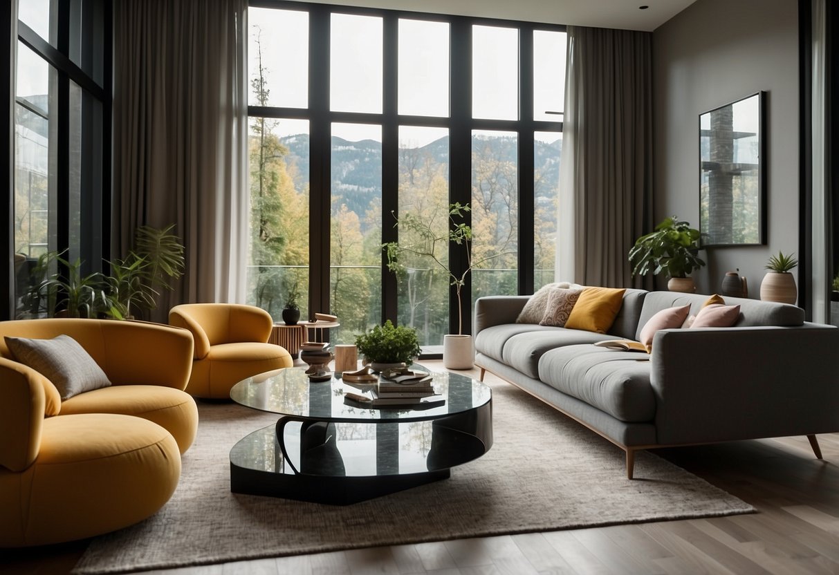 A cozy living room with modern expat furniture, including a sleek sofa, minimalist coffee table, and vibrant accent chairs. Large windows let in natural light, illuminating the space