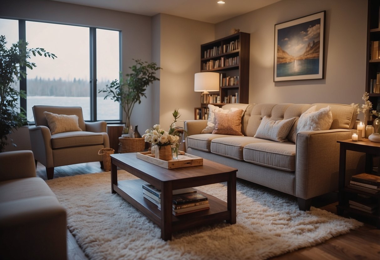 A cozy living room with a plush sofa, a coffee table, and a soft rug. A bookshelf filled with books, a comfortable armchair, and a floor lamp for reading