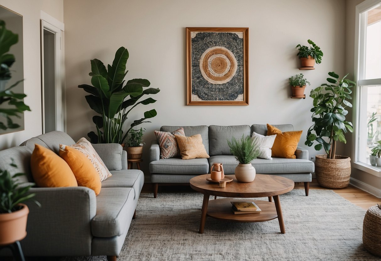 A cozy living room with a mix of modern and vintage furniture, adorned with colorful throw pillows, unique wall art, and potted plants