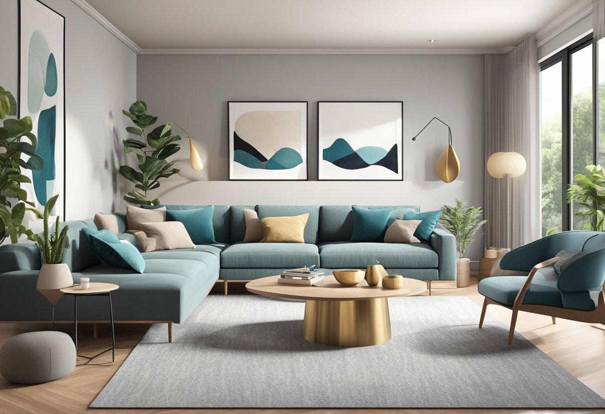 A living room with modern furniture arranged in a spacious, well-lit area. The decor is stylish and inviting, with a mix of comfortable seating and functional pieces