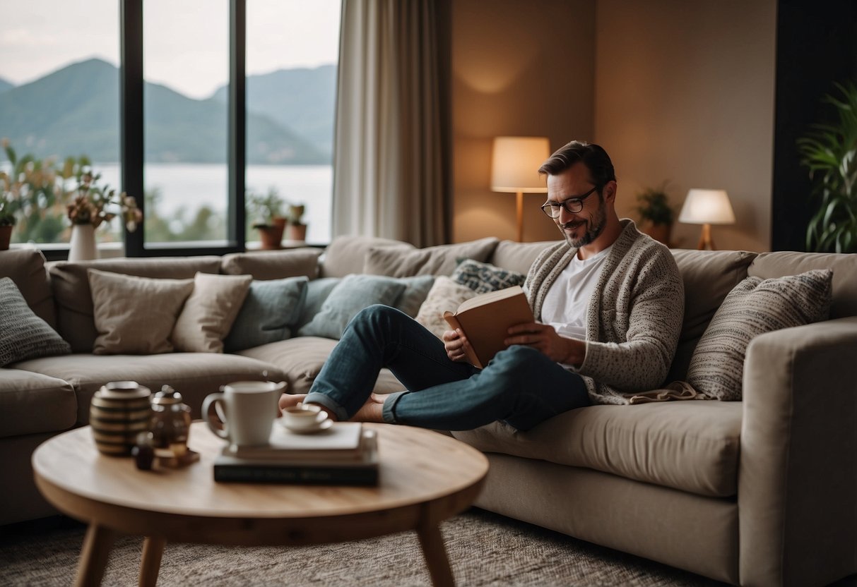 An expat sitting on a cozy sofa, surrounded by stylish furniture, browsing through a list of frequently asked questions about living abroad