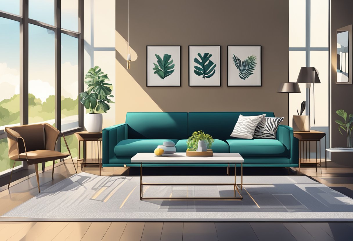 A modern living room with sleek furniture, a cozy sofa, and a stylish coffee table. The room is well-lit with large windows and vibrant decor