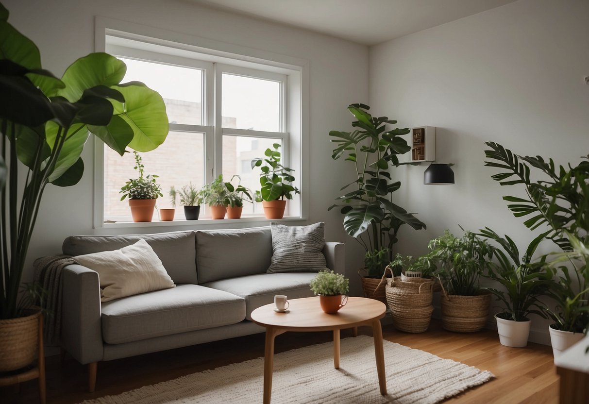 A cozy living room with a sofa, coffee table, and potted plants. A desk with a chair and bookshelf in the background