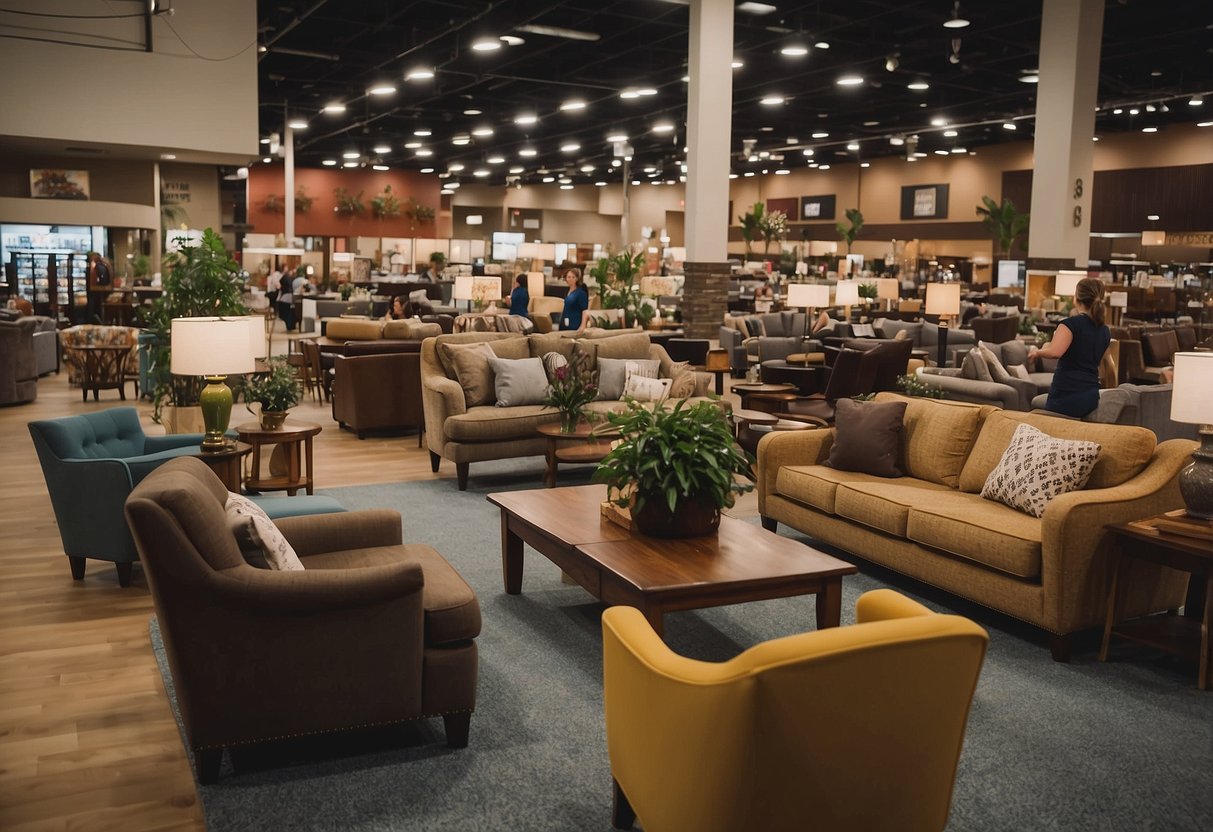A bustling furniture mart in Shakopee, filled with various styles of furniture and decor, with customers browsing and employees assisting