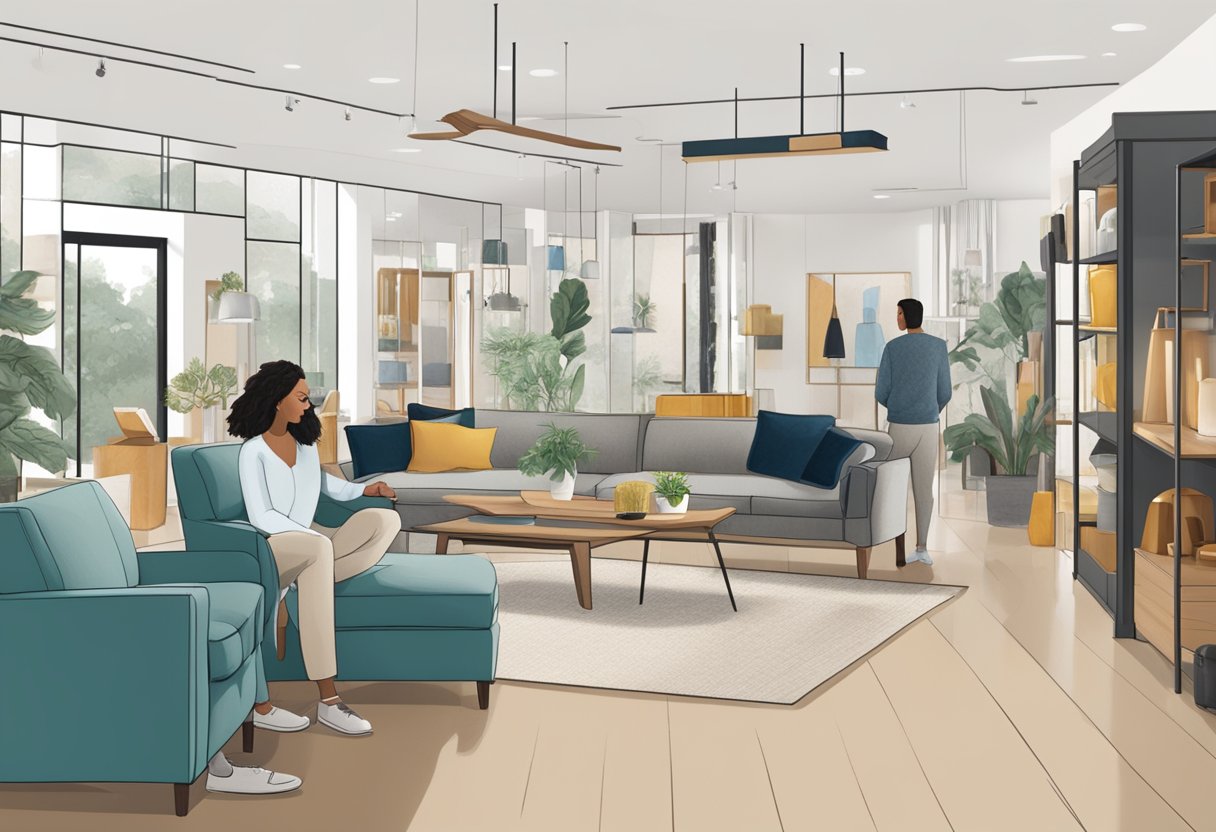 A person browsing through various furniture options in a showroom, examining different pieces and considering their leasing options