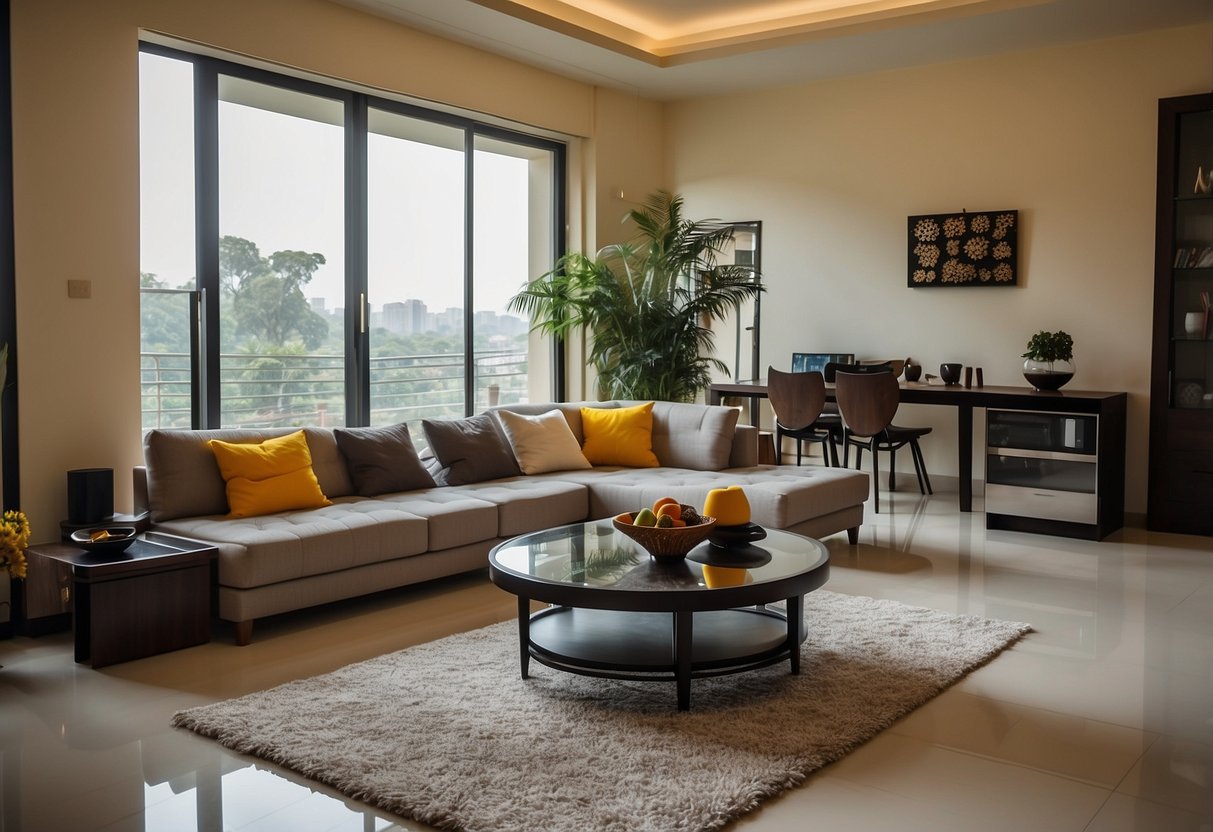 A modern living room with stylish furniture on rent in Bangalore for one month. Bright, spacious, and inviting