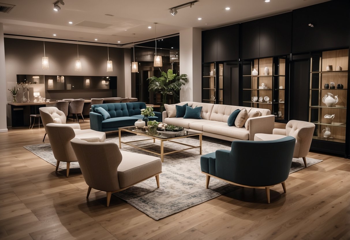 A spacious showroom with rows of furniture displays, from elegant sofas to sleek dining sets, all under soft, warm lighting