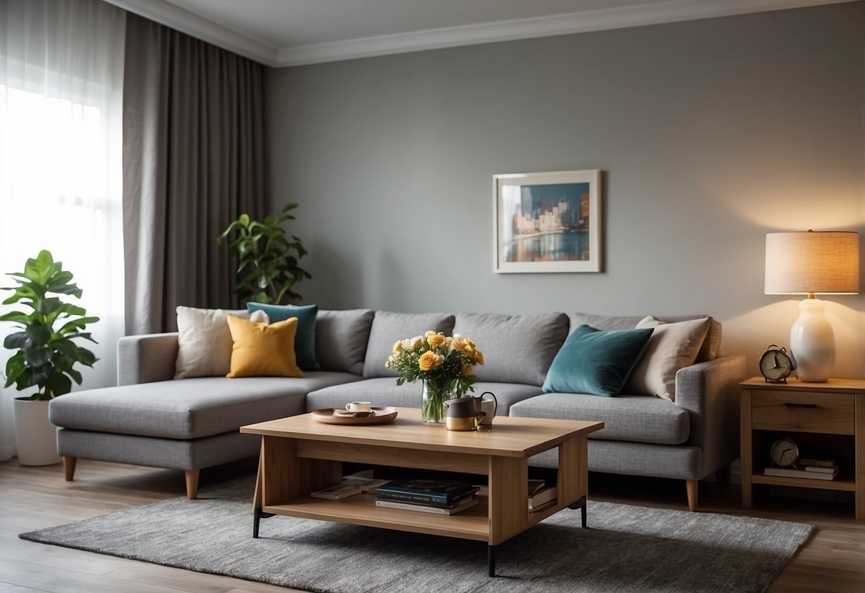 A living room with a sofa, coffee table, and lamps. A dining area with a table and chairs. A bedroom with a bed, nightstands, and a dresser