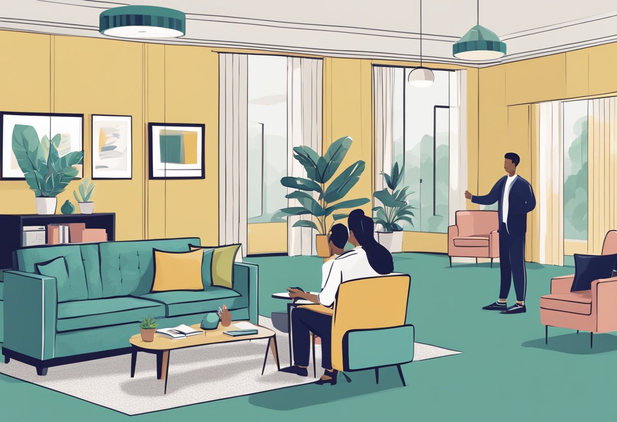 A room filled with modern furniture, a leasing agent assisting a customer, and a sign that reads "Frequently Asked Questions" about furniture leasing