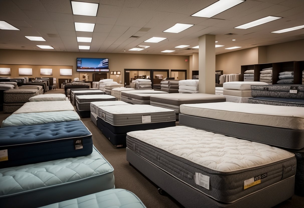 The mattress department at Furniture Mart Shakopee offers a variety of bedding options. Displayed mattresses and bedding accessories are neatly organized and attractively presented