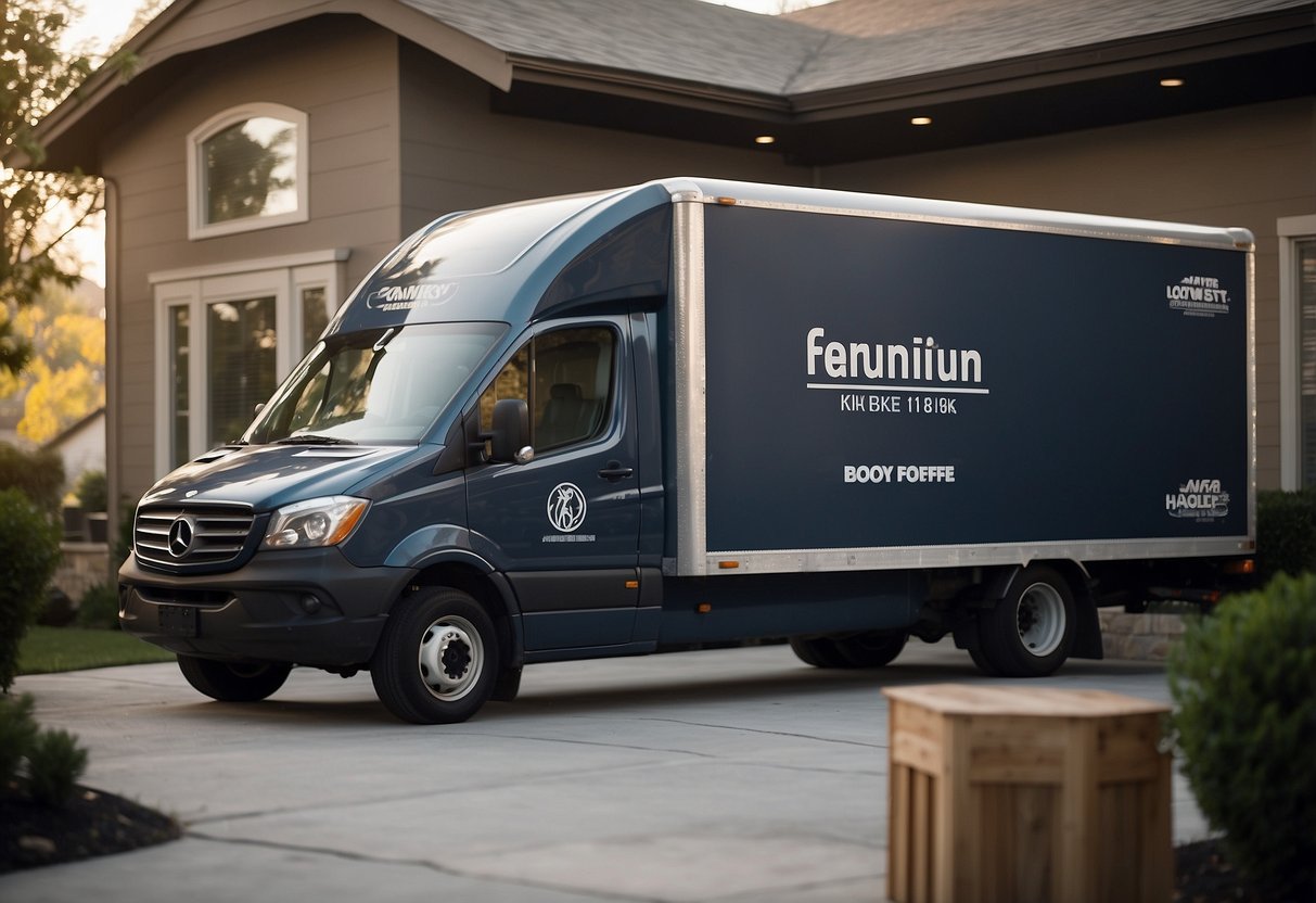 A delivery truck parked outside a modern home, with a furniture app logo on the side. A delivery person unloading a sleek sofa and coffee table onto the front porch