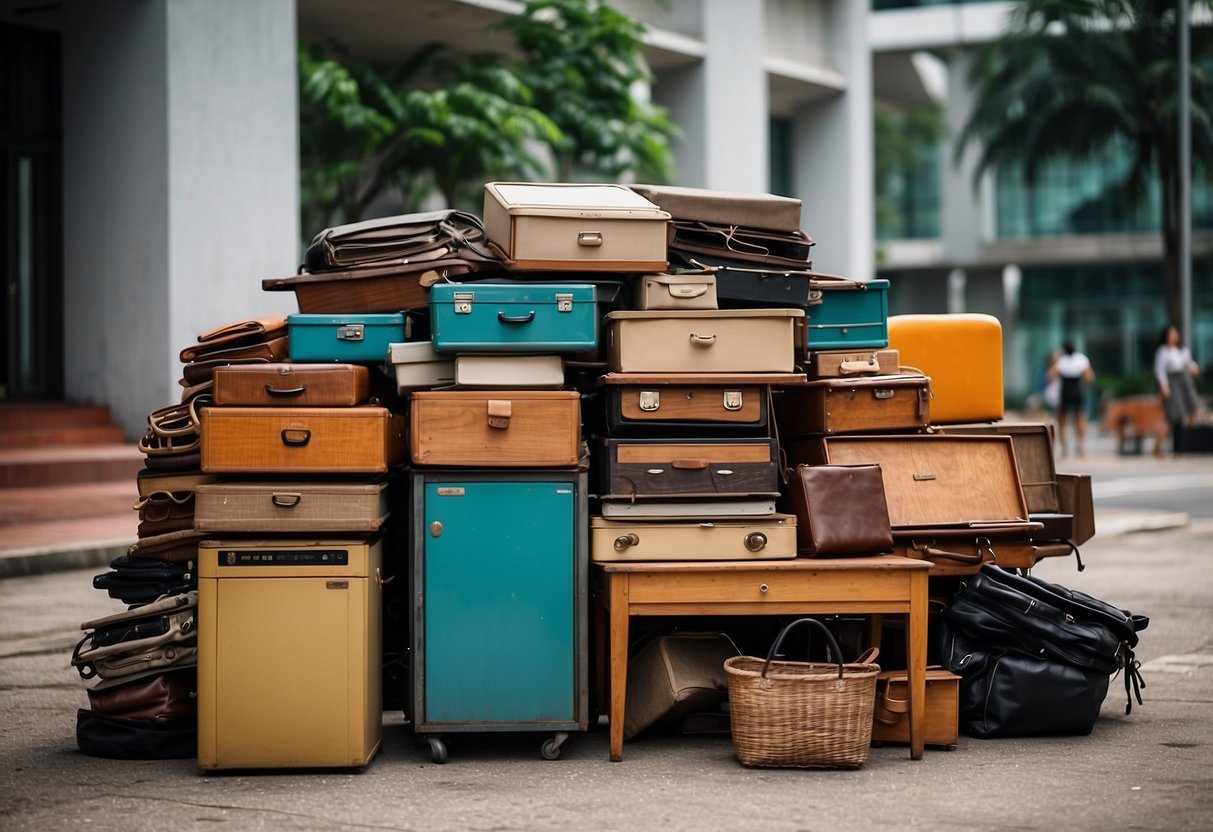 A pile of old furniture sits outside a Singapore town council building, ready for disposal