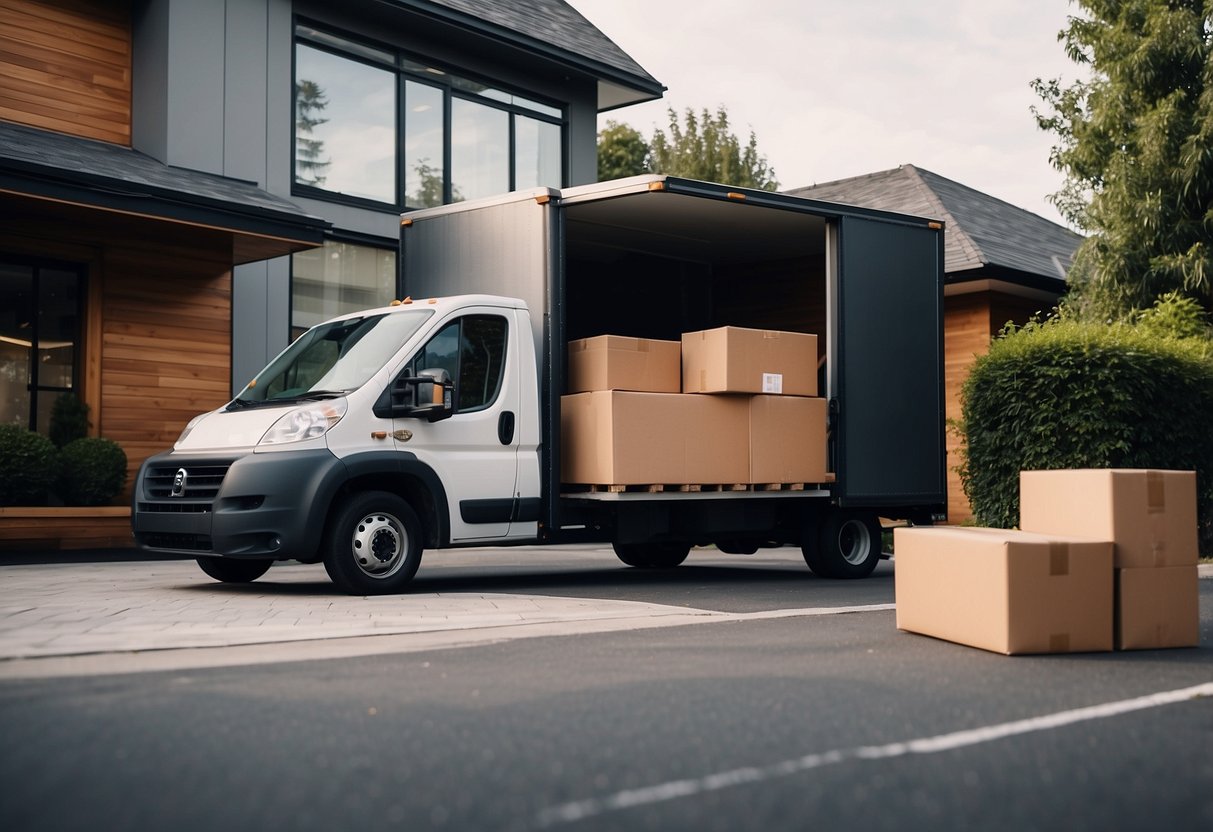 A delivery truck parked outside a modern home, with a delivery person unloading furniture boxes and a customer eagerly waiting at the door