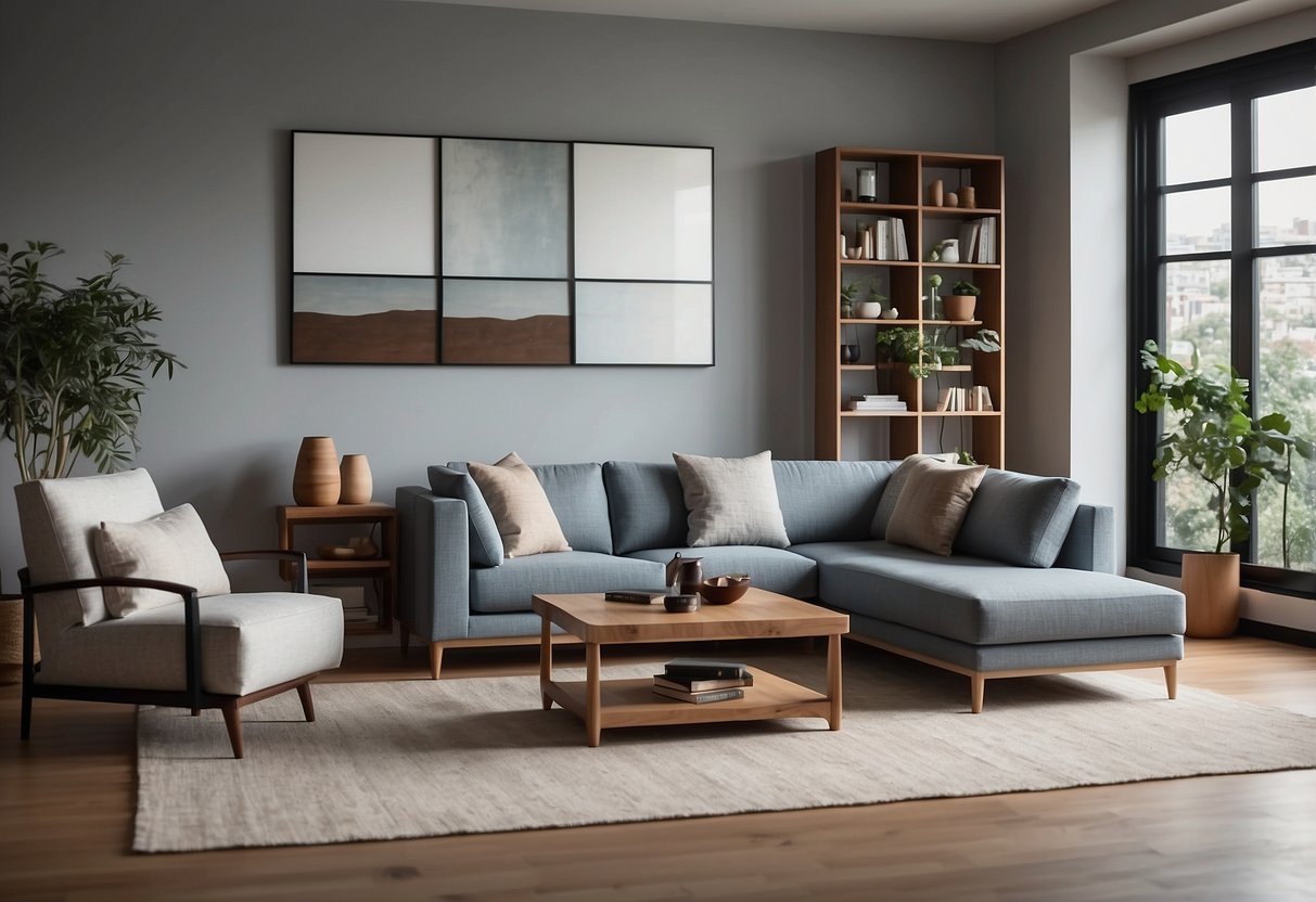 A modern living room with Nitori furniture, featuring a sleek sofa, minimalist coffee table, and stylish shelving unit