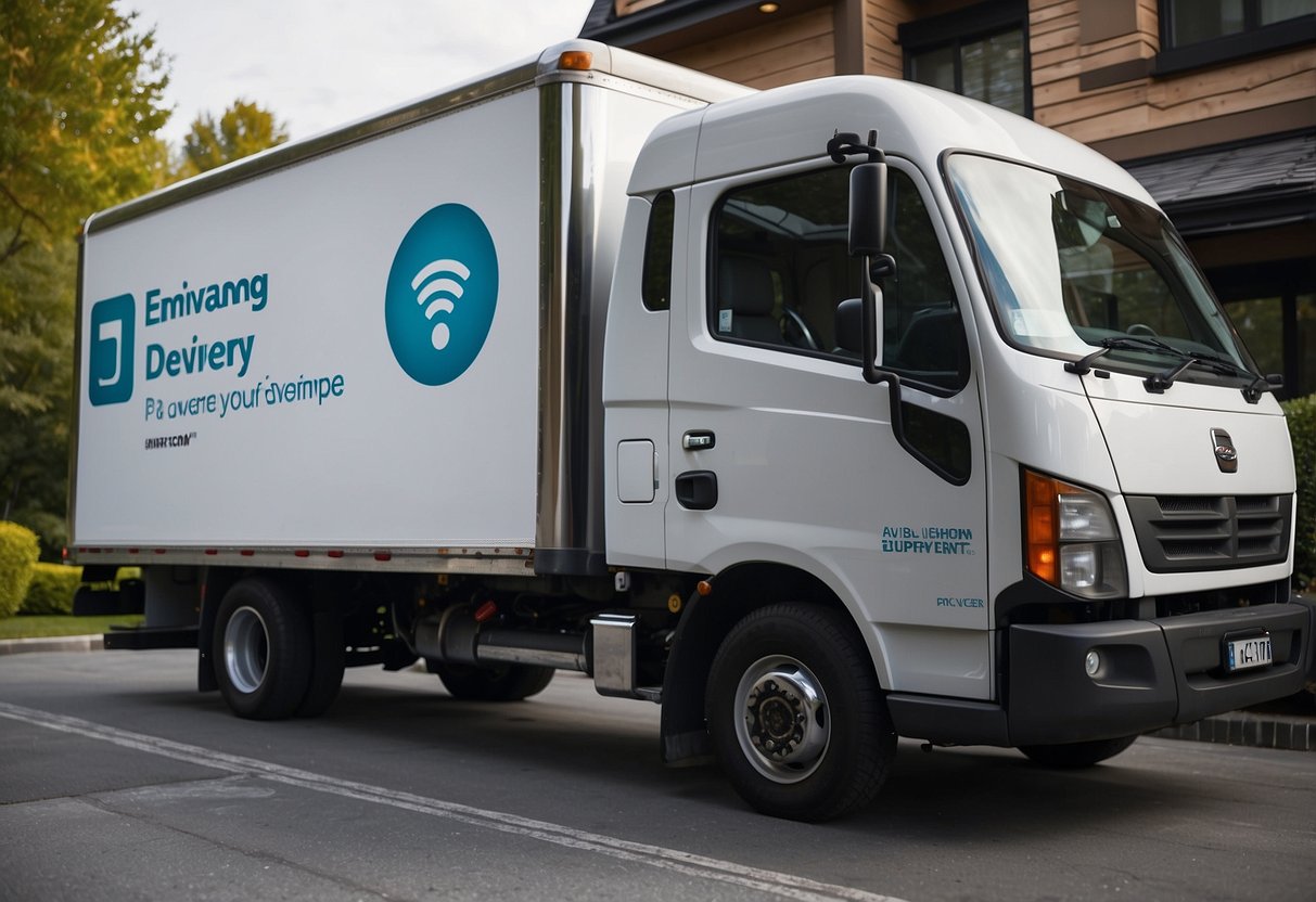 A delivery truck parked outside a modern home, with a delivery person scanning a QR code on a package, while the "Enhancing Your Delivery Experience" app logo is displayed on the side of the truck
