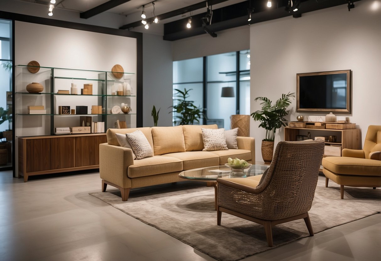A spacious showroom displays Nitori's diverse furniture range, from sleek modern designs to cozy traditional pieces. Various products are arranged in stylish room settings, showcasing the brand's versatility and quality