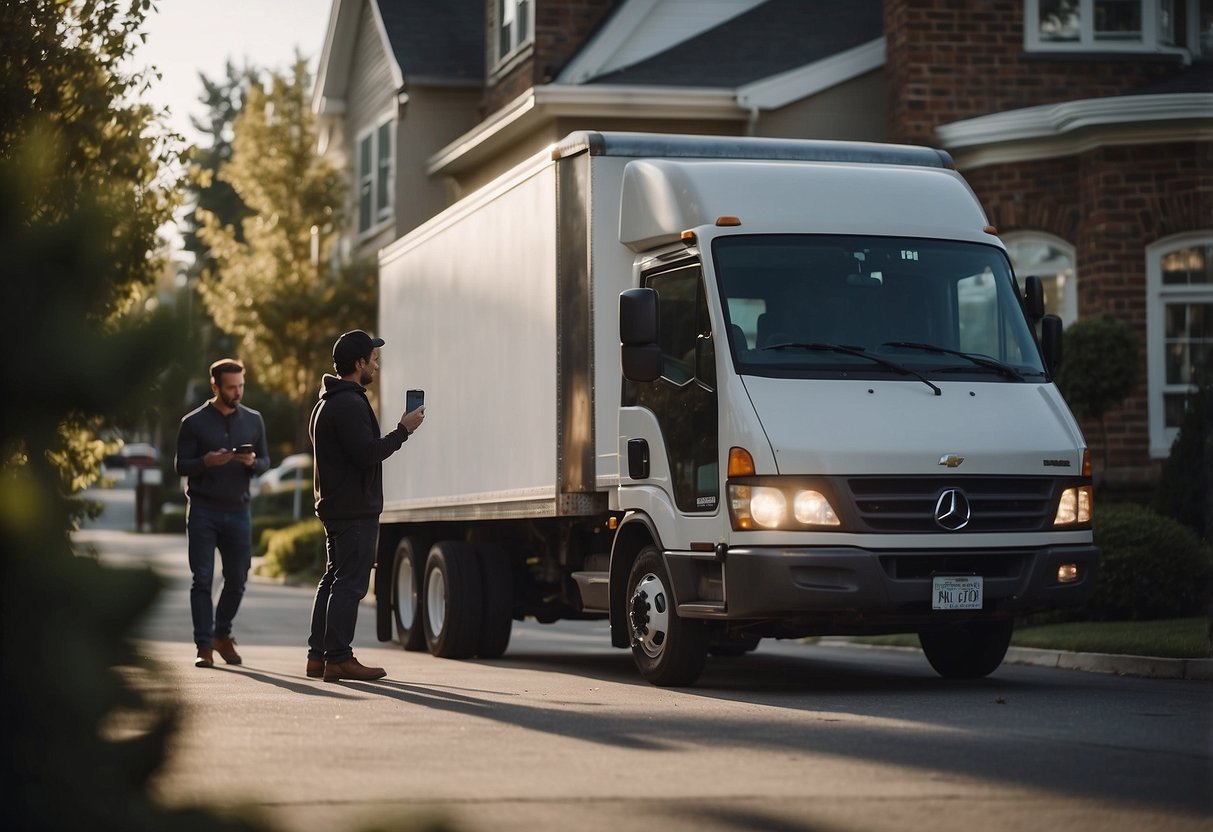 A delivery truck unloading furniture at a customer's doorstep, while a person checks their phone for FAQs about the app
