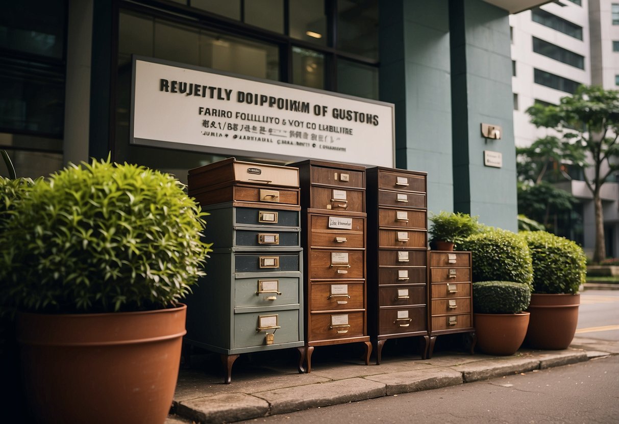 A stack of old furniture sits outside a Singapore town council office, with a sign reading "Frequently Asked Questions disposal of furniture" nearby