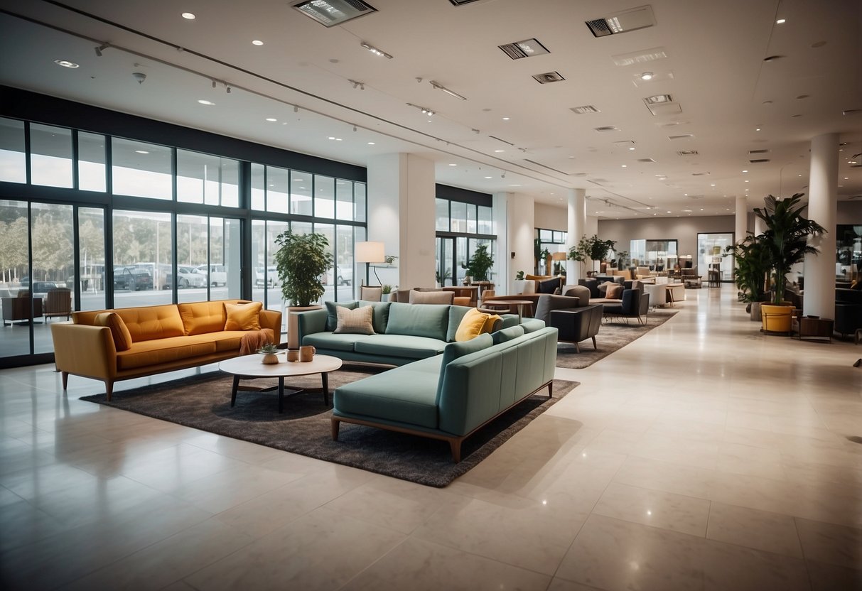 A bright, spacious showroom with modern furniture displays. Customers browse and interact with helpful staff. A welcoming and comfortable atmosphere