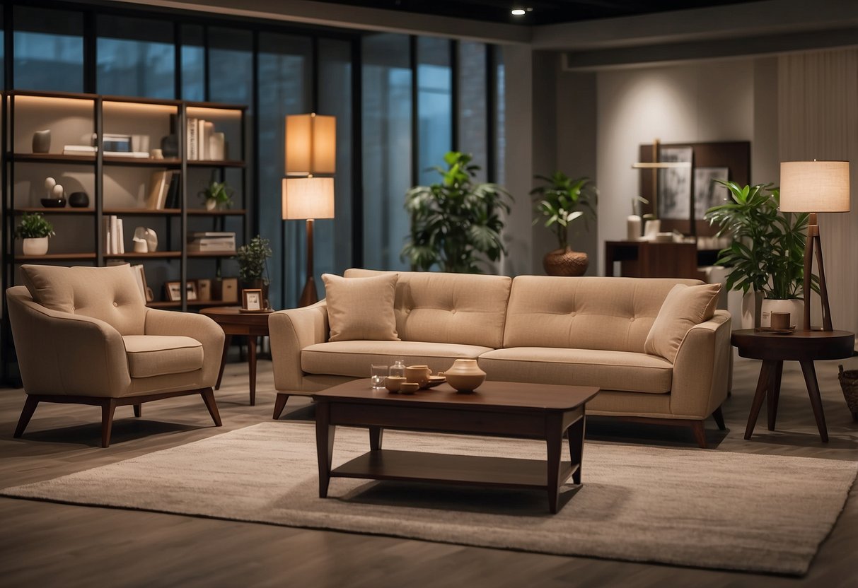 A room with Nitori furniture, including a sofa, coffee table, and bookshelf. A customer service representative answering questions