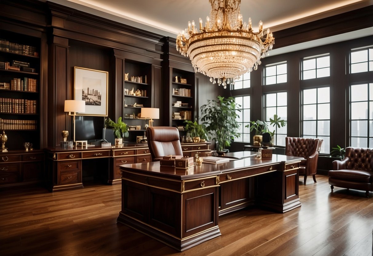 A luxurious office with mahogany desks, leather chairs, and ornate chandeliers. Rich, dark wood and gold accents convey an air of prestige and sophistication