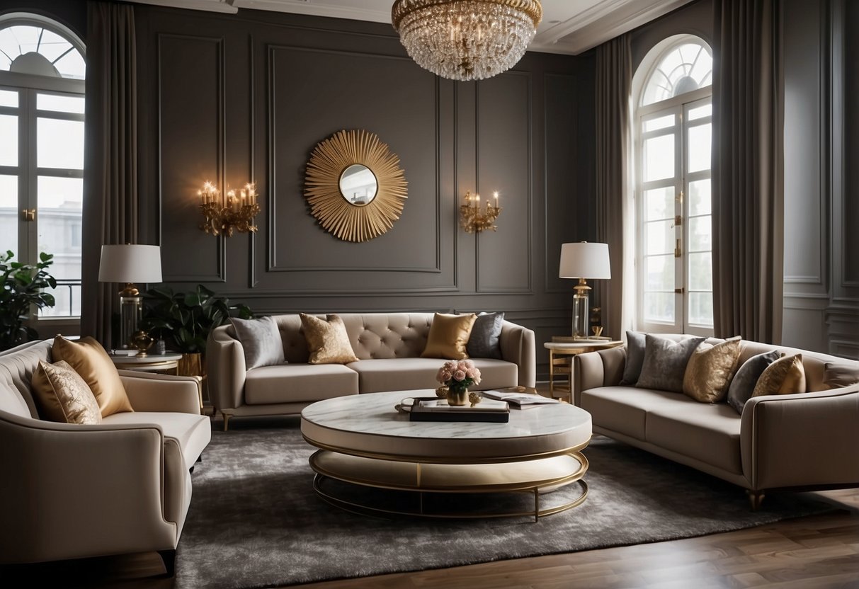A luxurious living room with Prestige Affairs' elegant furniture, featuring rich fabrics, sleek lines, and opulent finishes