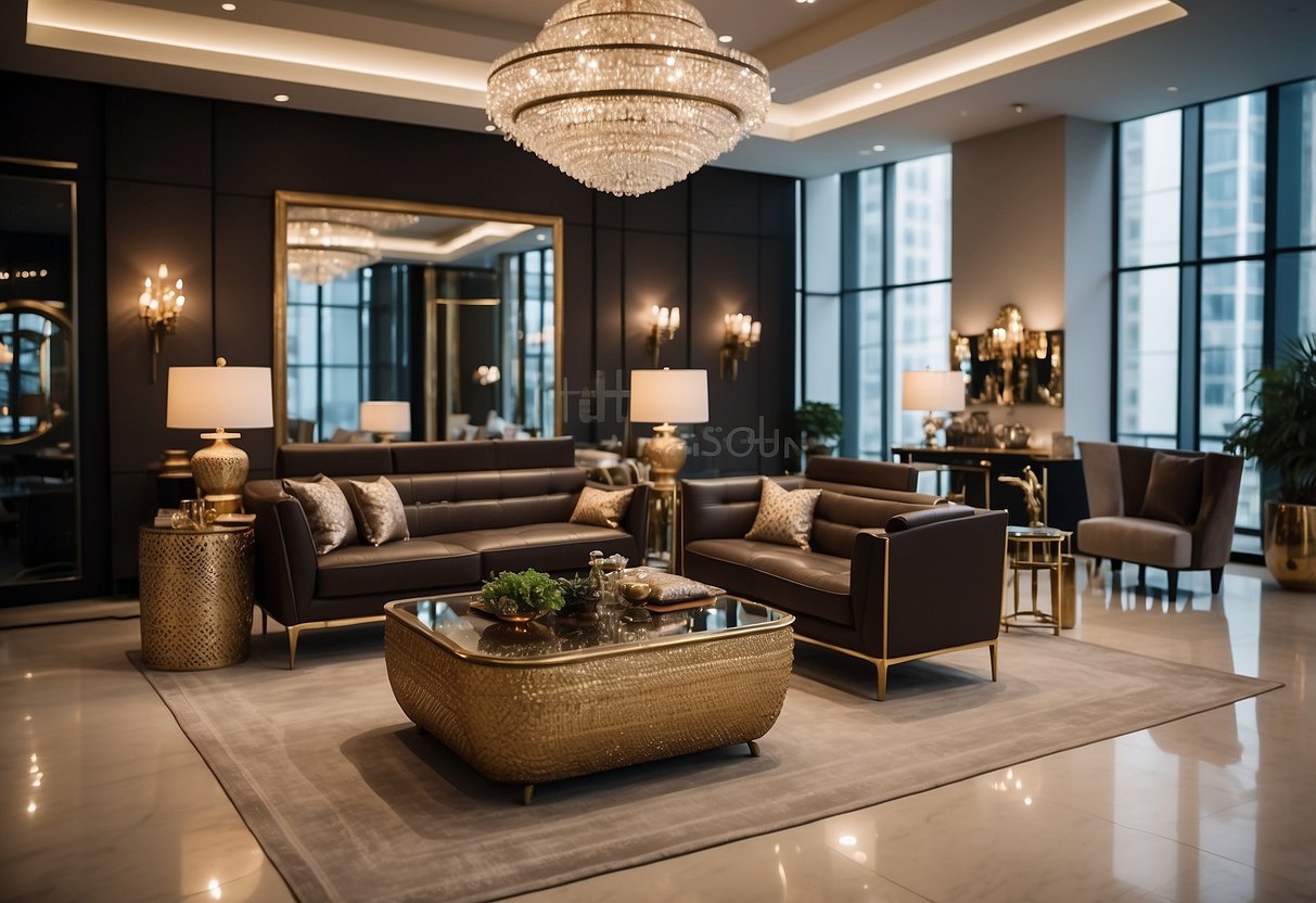 A luxurious showroom displaying elegant furniture from Prestige Affairs. Rich textures and sophisticated designs create a high-end shopping experience