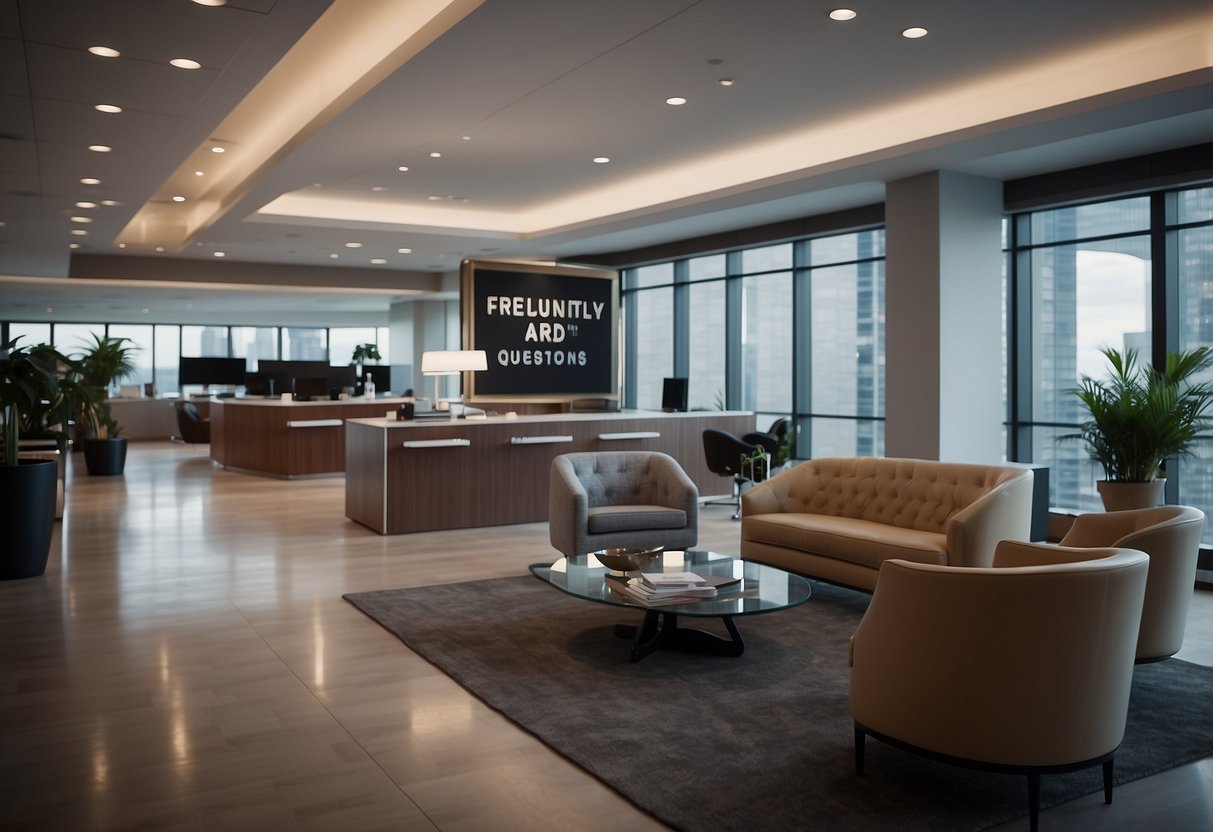 A sleek, modern office with a display of high-end furniture and a sign reading "Frequently Asked Questions" in a prestigious setting