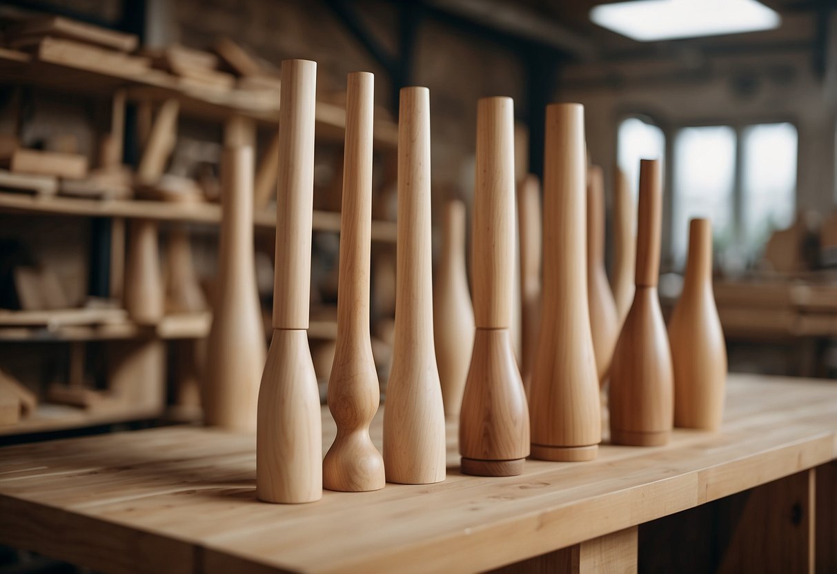 Wooden furniture legs arranged in a workshop, varying in size and style. Some are tapered, others are straight, all ready to be attached to different pieces of furniture