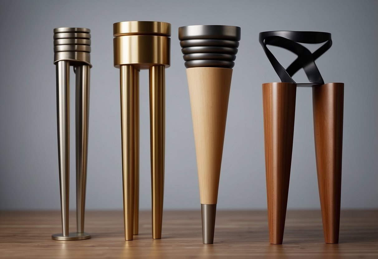 Various types of furniture legs: tapered, turned, cabriole, and straight. Different materials like wood, metal, and plastic. Sizes and shapes vary