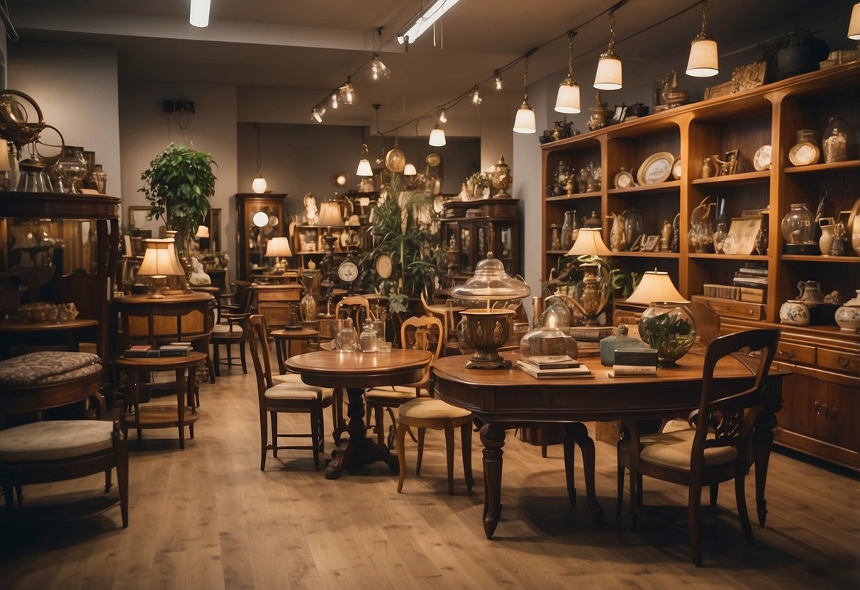 Various furniture arranged in a spacious, well-lit resale shop. Shelves and racks display a variety of items, from vintage to modern pieces