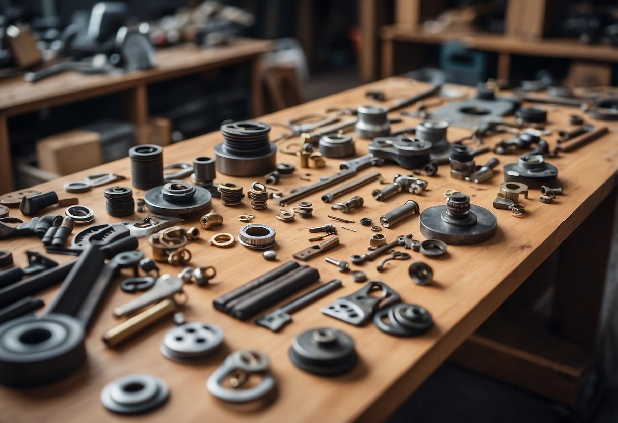 A workshop table with various furniture parts and materials for customisation. Legs of different shapes and sizes are scattered around