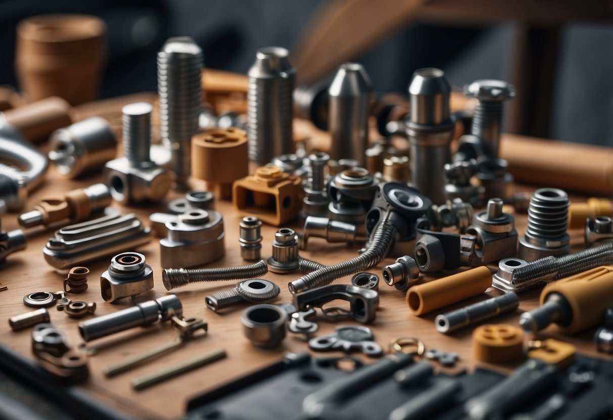 Various furniture parts, including legs, arranged in a neat and organized manner, ready for assembly