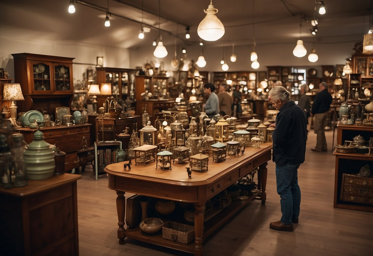 Customers browsing through rows of unique, vintage furniture pieces in a spacious resale shop. Shelves and racks are filled with eclectic home decor items