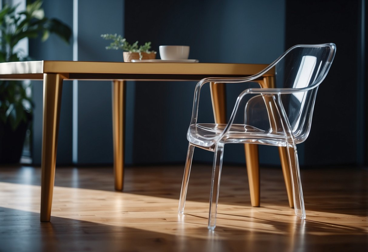 A table and chair made of clear resin, with a glossy finish, reflecting the light in a modern, minimalist room