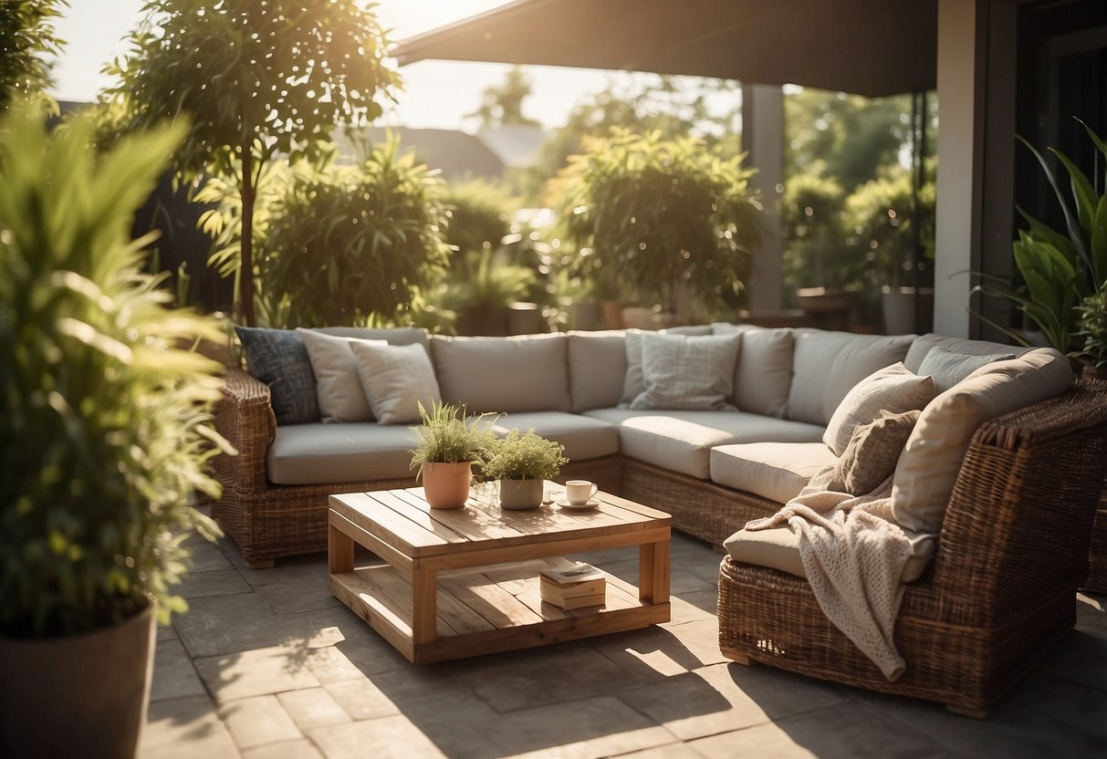 A modern outdoor patio with resin furniture, surrounded by lush greenery and bathed in warm sunlight