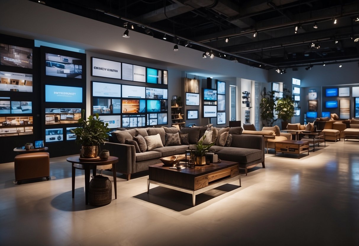 Various furniture items displayed on digital screens with price tags. Customers browsing and making purchases online. Brand logos and promotional banners visible