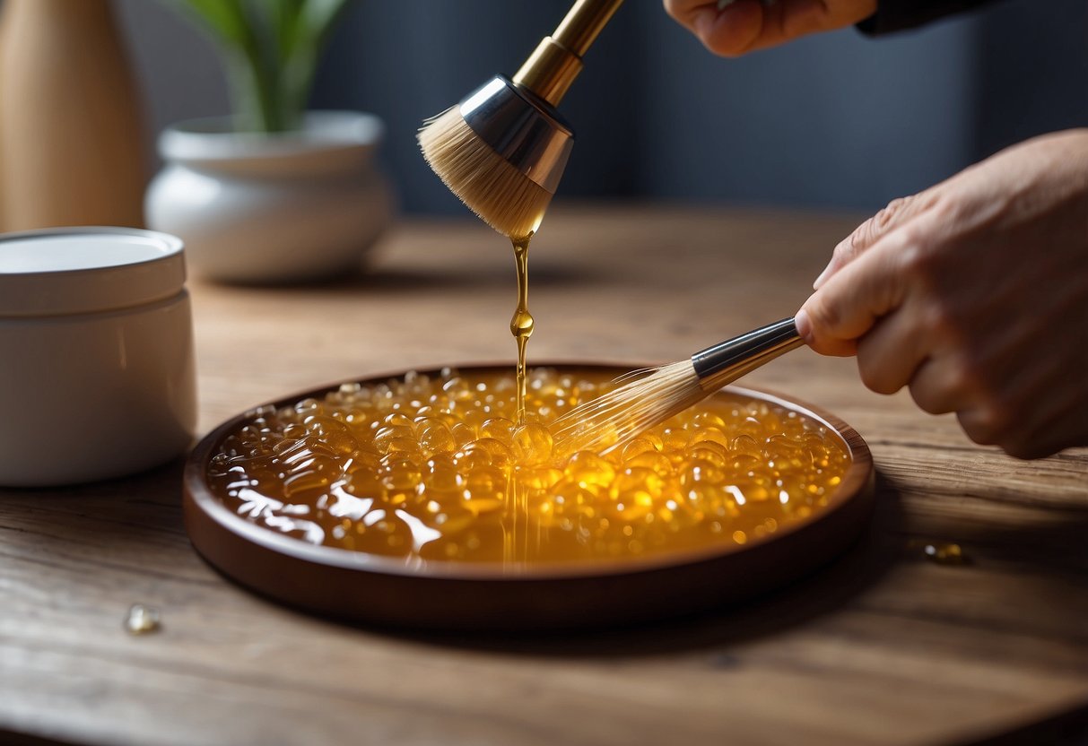 A hand pours Care and Maintenance resin onto a wooden table, spreading it evenly with a brush