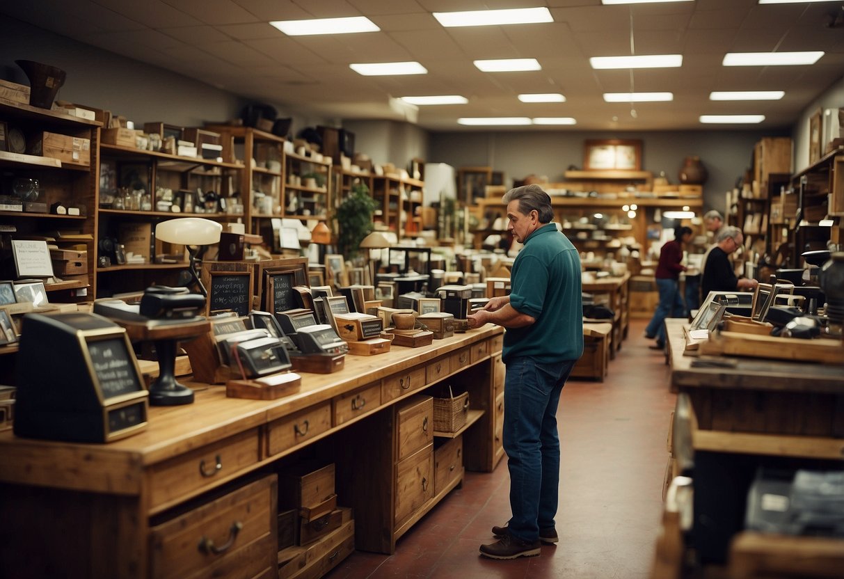 A bustling furniture resale shop with customers browsing, staff assisting, and shelves stocked with various items. Signs and displays highlight frequently asked questions for shoppers