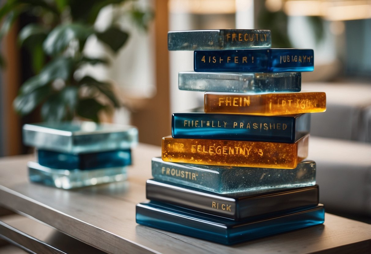 A stack of resin furniture pieces with "Frequently Asked Questions" printed on them, arranged in a showroom setting