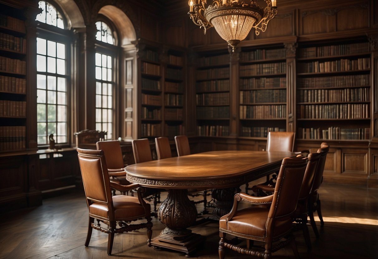 An ornate oak table sits in a dimly lit room, surrounded by intricately carved chairs and a grand, towering bookcase filled with aged leather-bound books