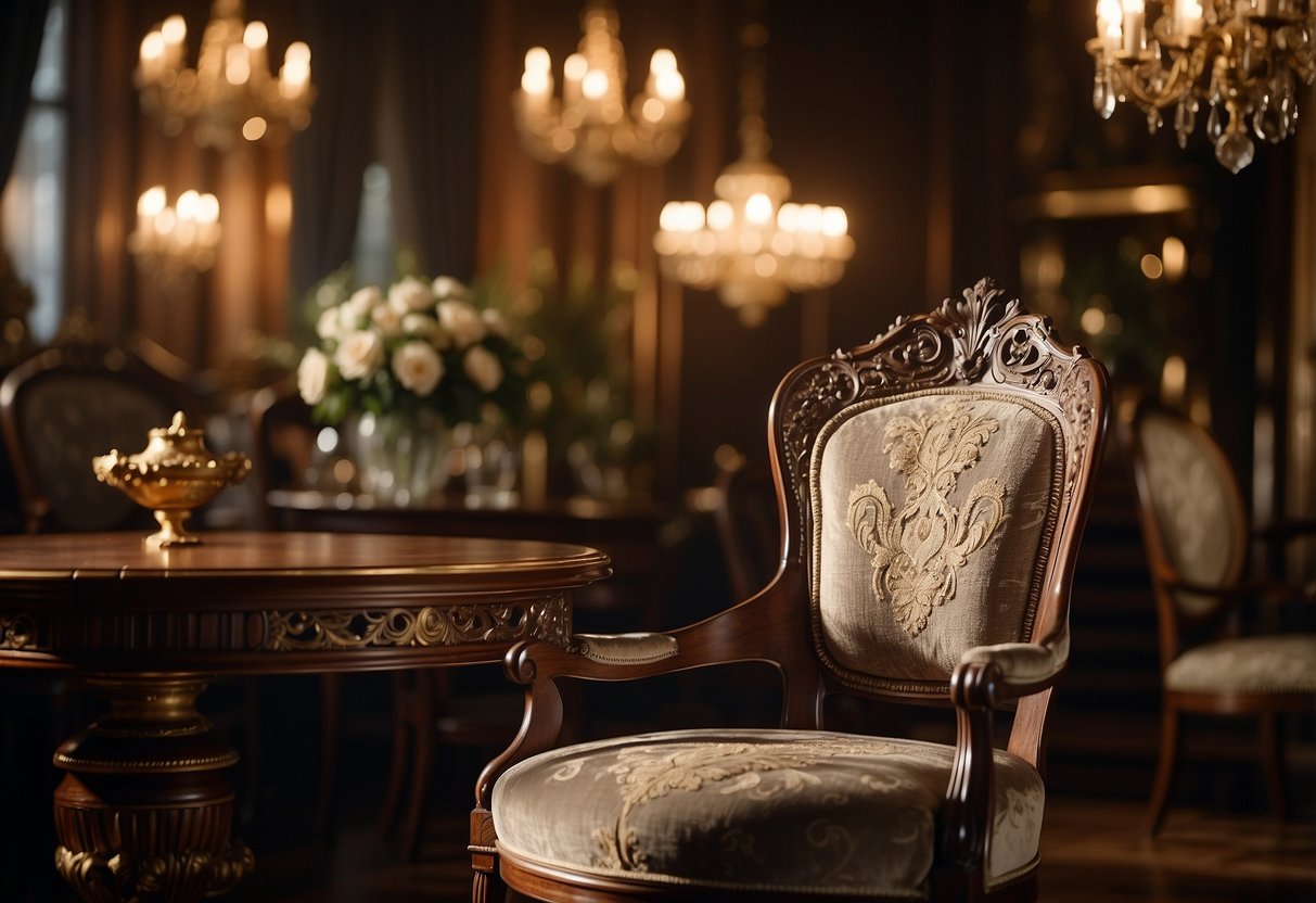 An ornate Victorian chair sits beside a mahogany table, adorned with delicate carvings and brass fittings. A grand chandelier illuminates the room, casting a warm glow over the collection of vintage furniture