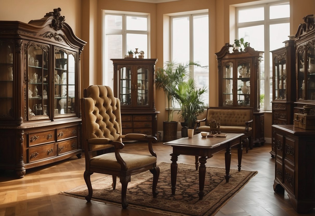 A diverse collection of antique furniture from different cultures arranged in a spacious, well-lit room