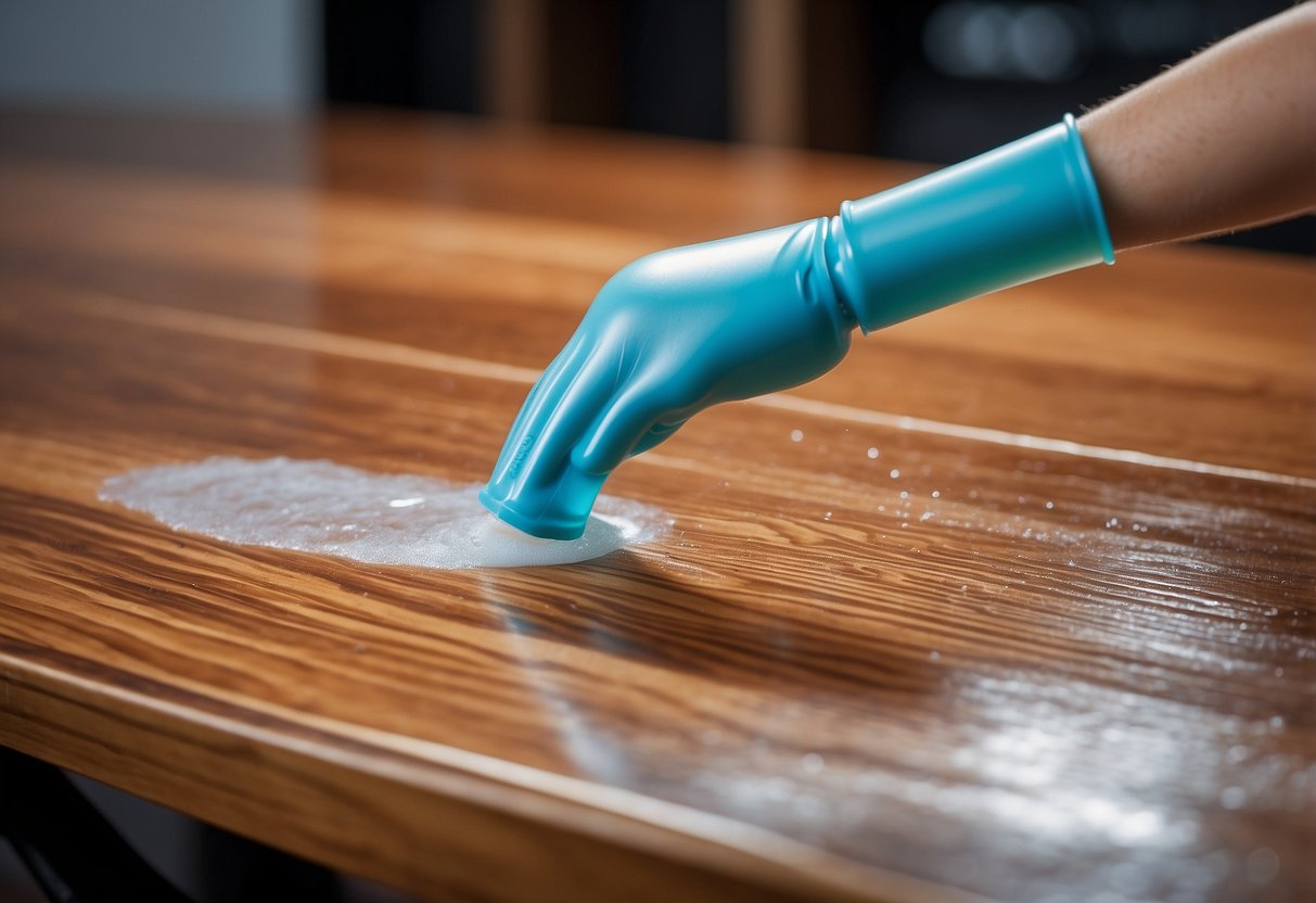 A furniture stain protector is being sprayed onto a wooden table, forming a transparent, glossy layer that repels liquids